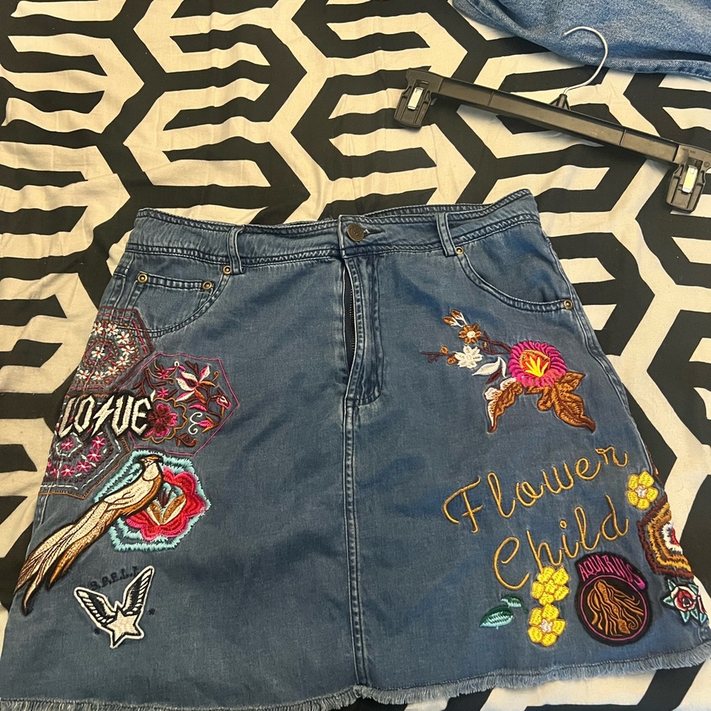 Spell Blue Denim A-Line Skirt with Colorful Embroidery